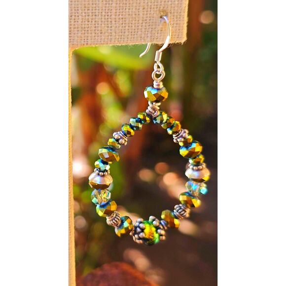 Dichroic Glass Crystal Bead Sterling Teardrop Artisan Earrings - Picture 2 of 10